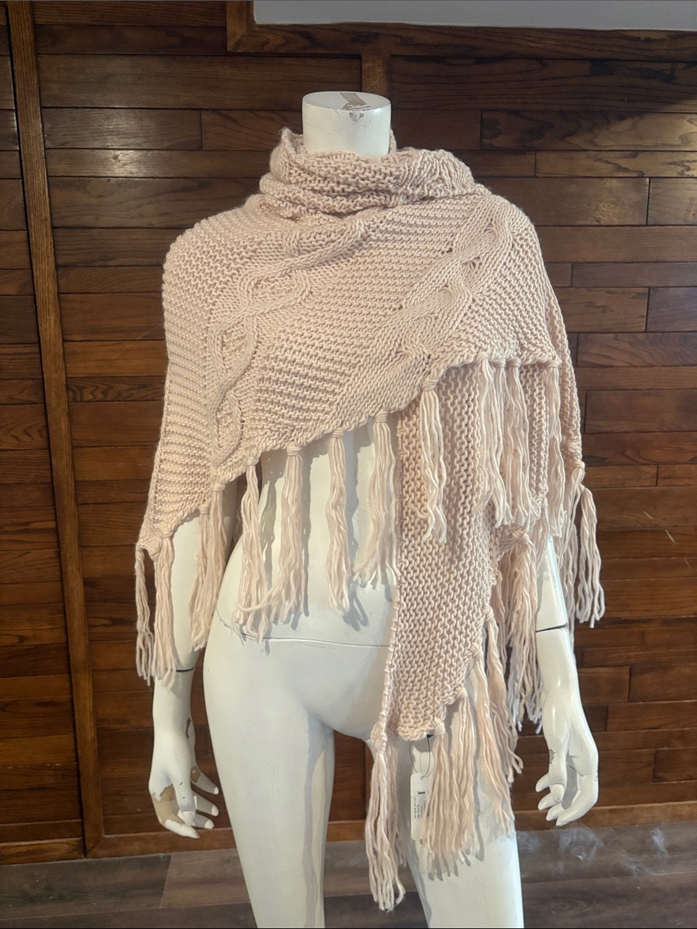 Blush Cable Knit Fringe Poncho Shrug - Lightweight Wrap